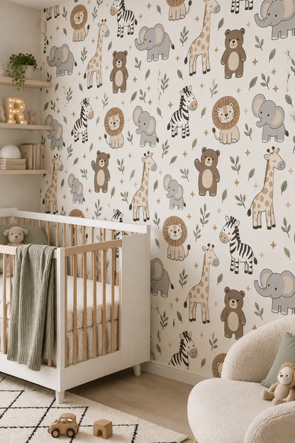 Safari Animals Wallpaper Leaf Pattern In Cream Beige And Sage Green