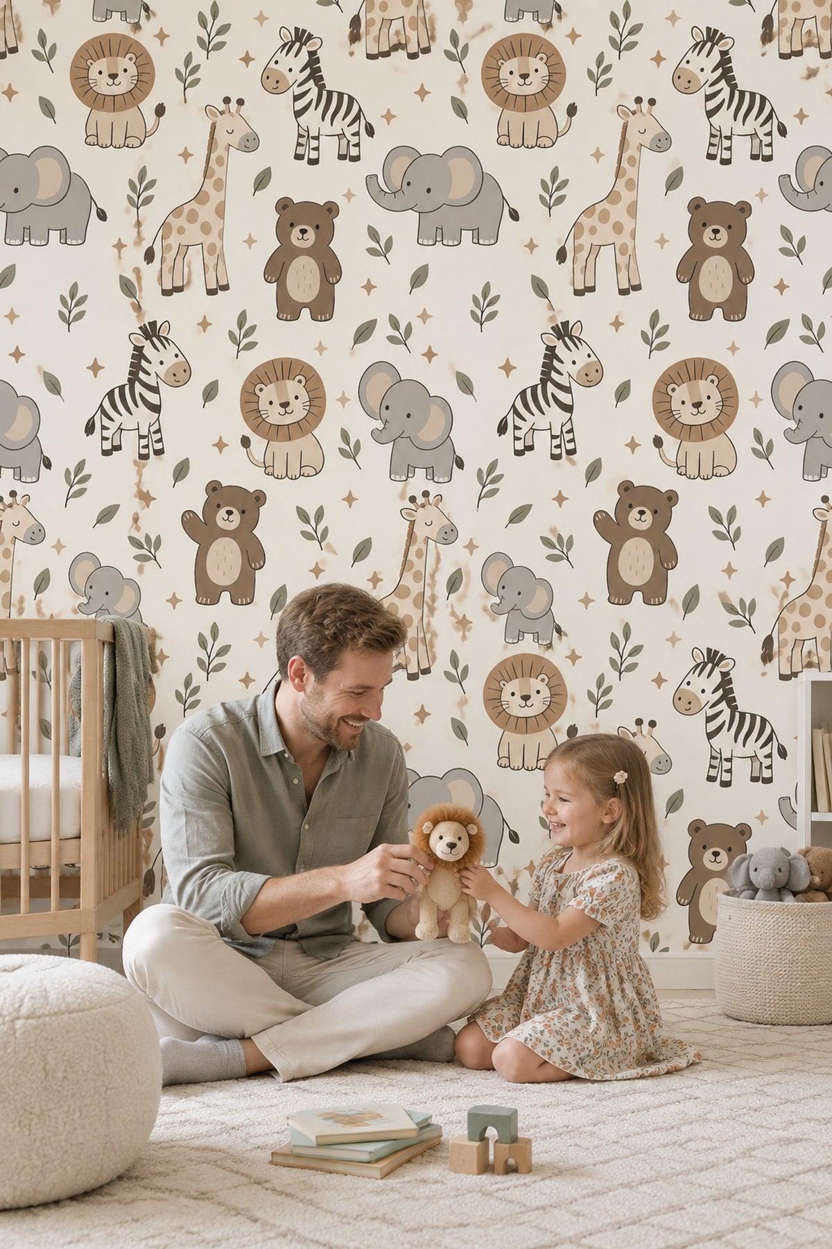 Safari Animals Wallpaper Leaf Pattern In Cream Beige And Sage Green