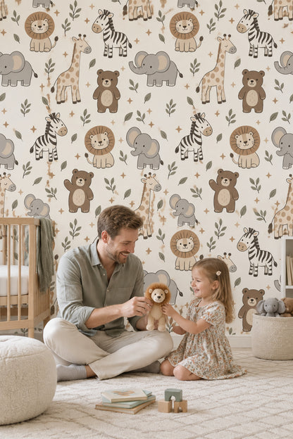Safari Animals Wallpaper Leaf Pattern In Cream Beige And Sage Green