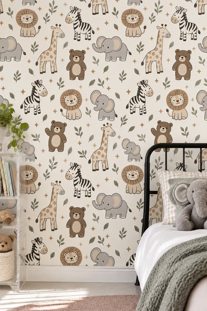 Safari Animals Wallpaper Leaf Pattern In Cream Beige And Sage Green