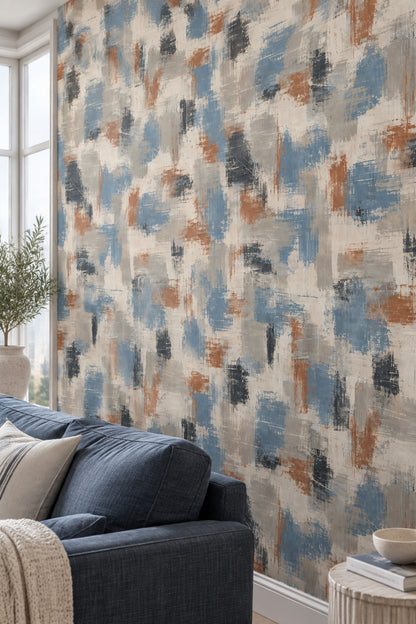 Abstract Brushstroke Wallpaper Blue Gray And Rust Blocks