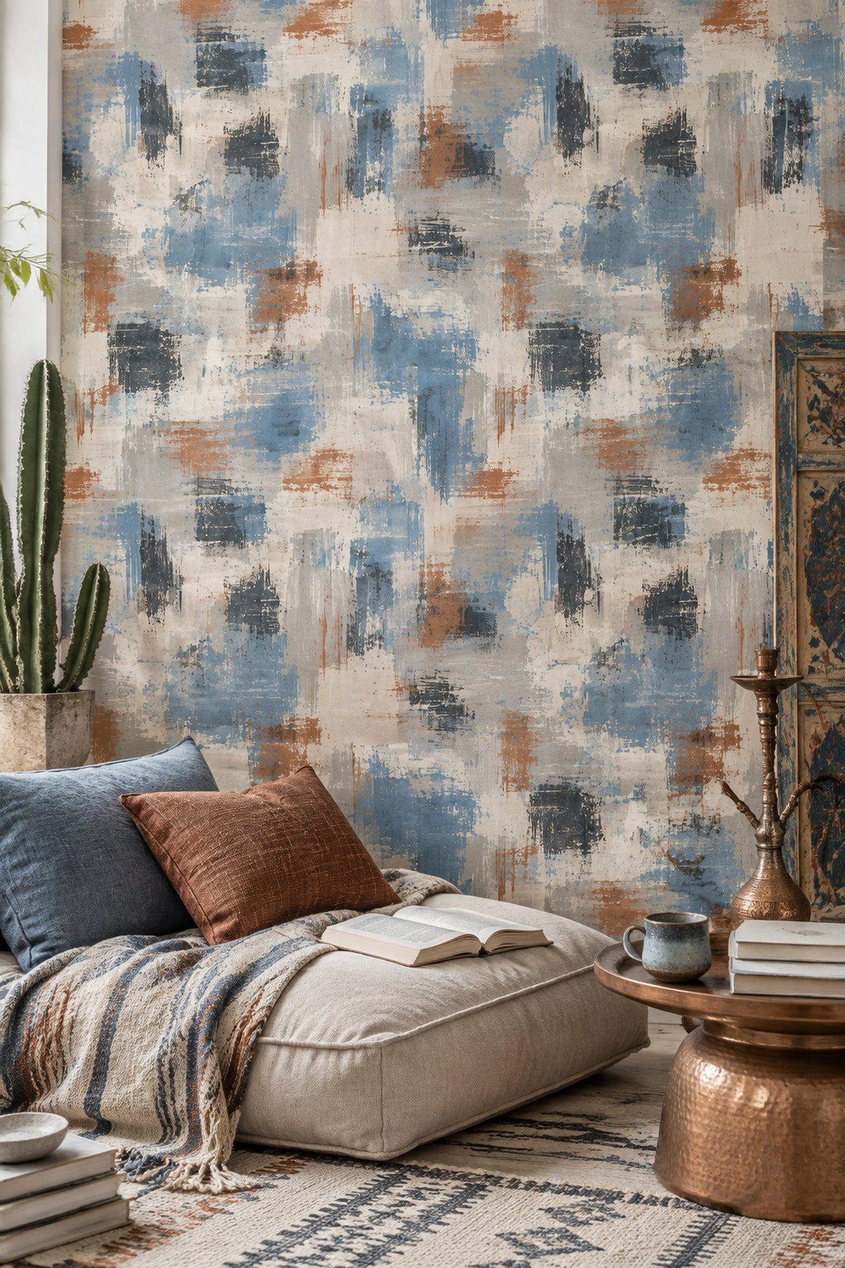 Abstract Brushstroke Wallpaper Blue Gray And Rust Blocks