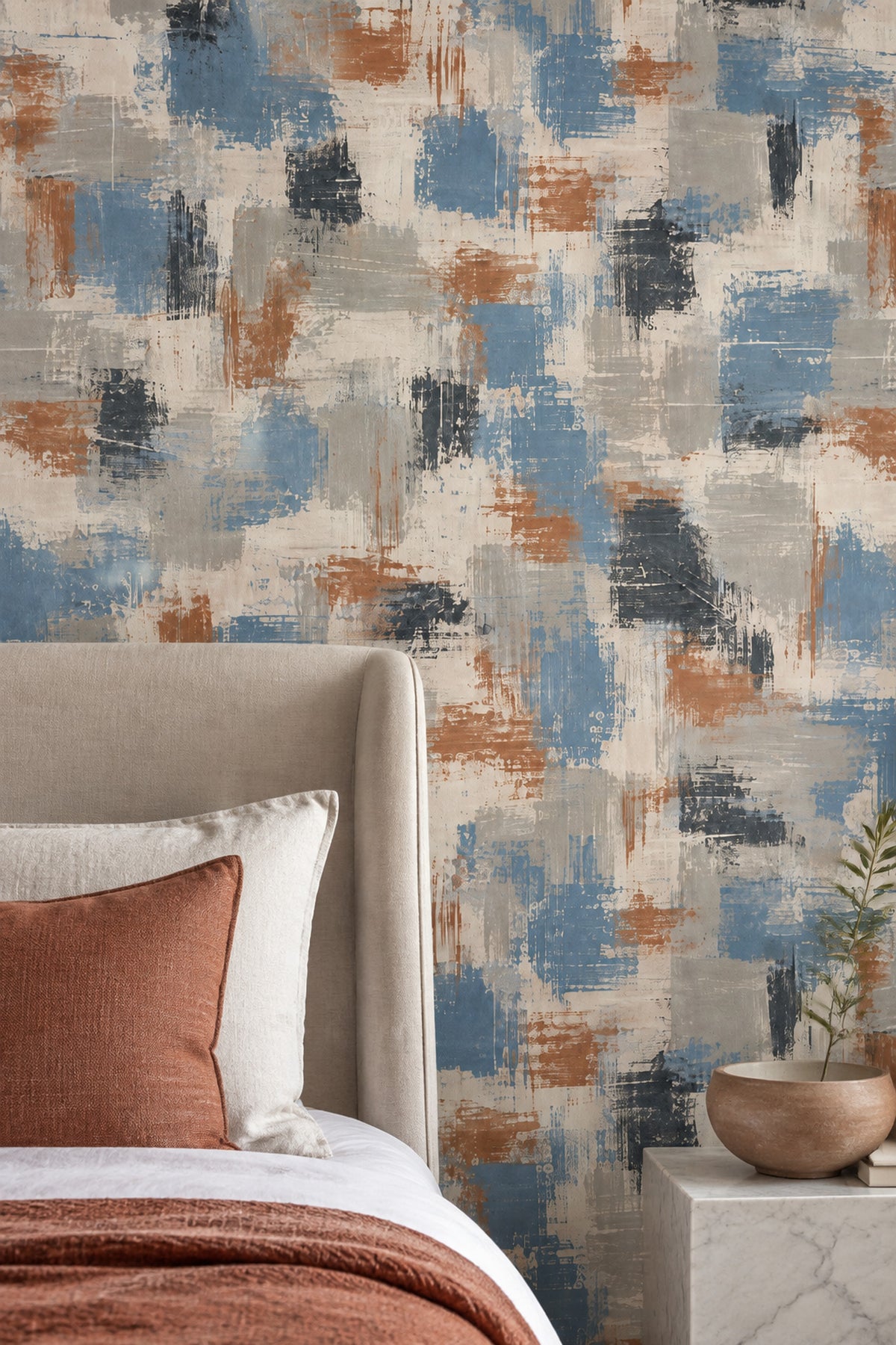 Abstract Brushstroke Wallpaper Blue Gray And Rust Blocks
