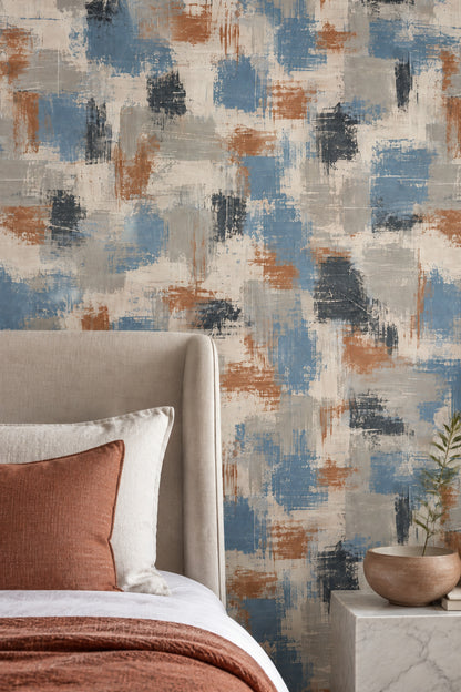 Abstract Brushstroke Wallpaper Blue Gray And Rust Blocks