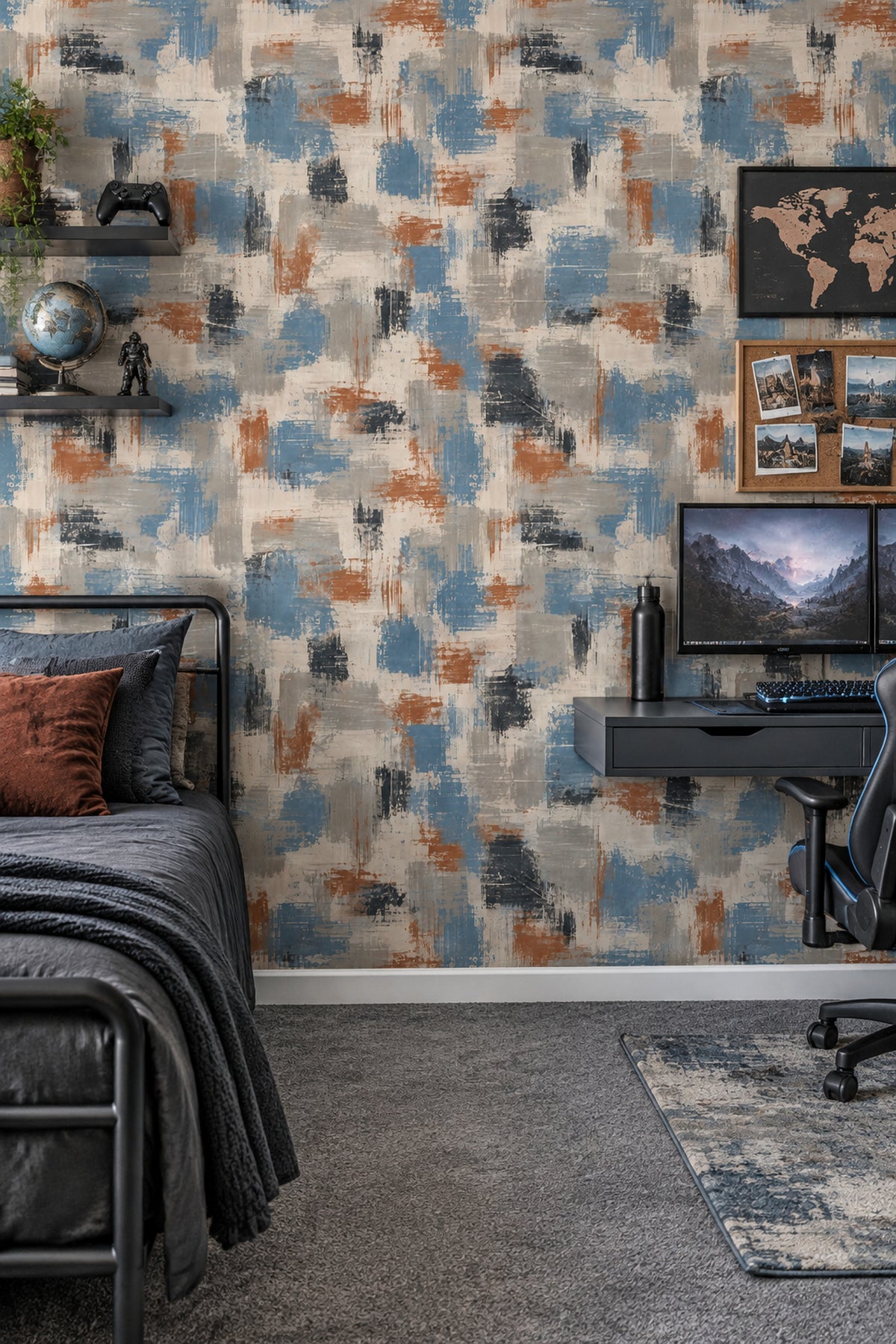 Abstract Brushstroke Wallpaper Blue Gray And Rust Blocks