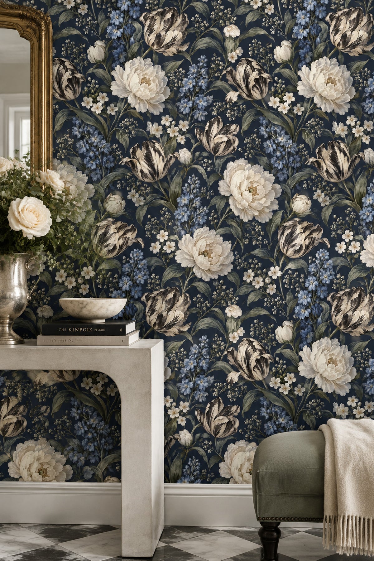 Peony And Tulip Wallpaper Dark Floral Navy Background