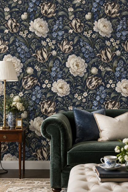 Peony And Tulip Wallpaper Dark Floral Navy Background