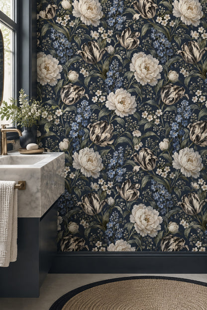 Peony And Tulip Wallpaper Dark Floral Navy Background