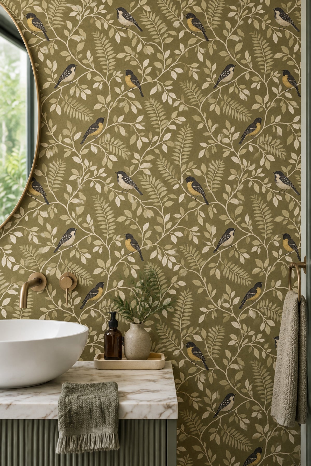 Birds Wallpaper Olive Green Leafy Vines