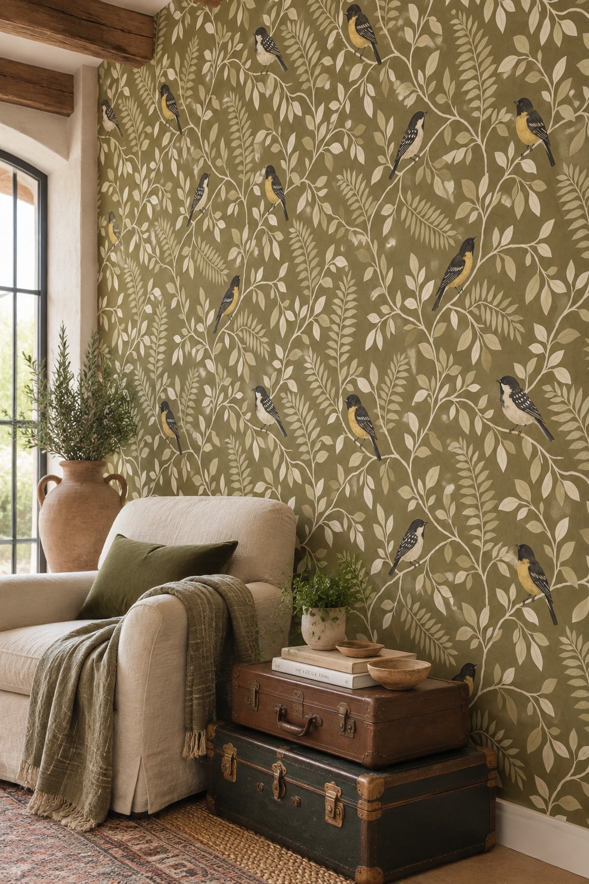 Birds Wallpaper Olive Green Leafy Vines