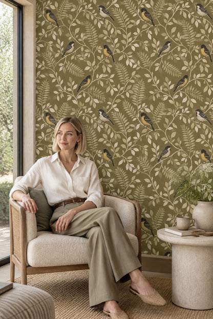 Birds Wallpaper Olive Green Leafy Vines
