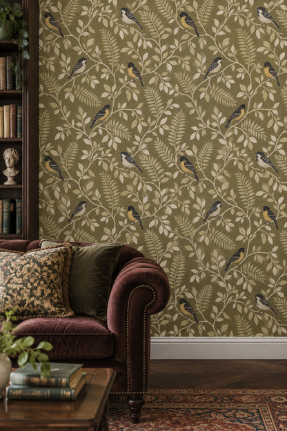Birds Wallpaper Olive Green Leafy Vines
