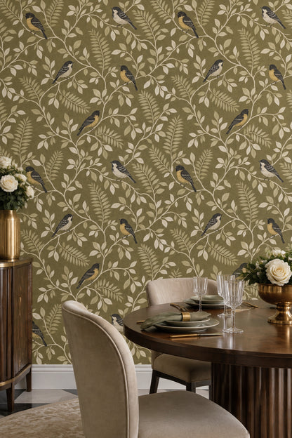 Birds Wallpaper Olive Green Leafy Vines