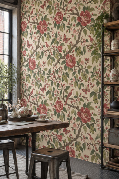 Pink Cherry Blossom Birds Wallpaper Chinoiserie Floral Pattern