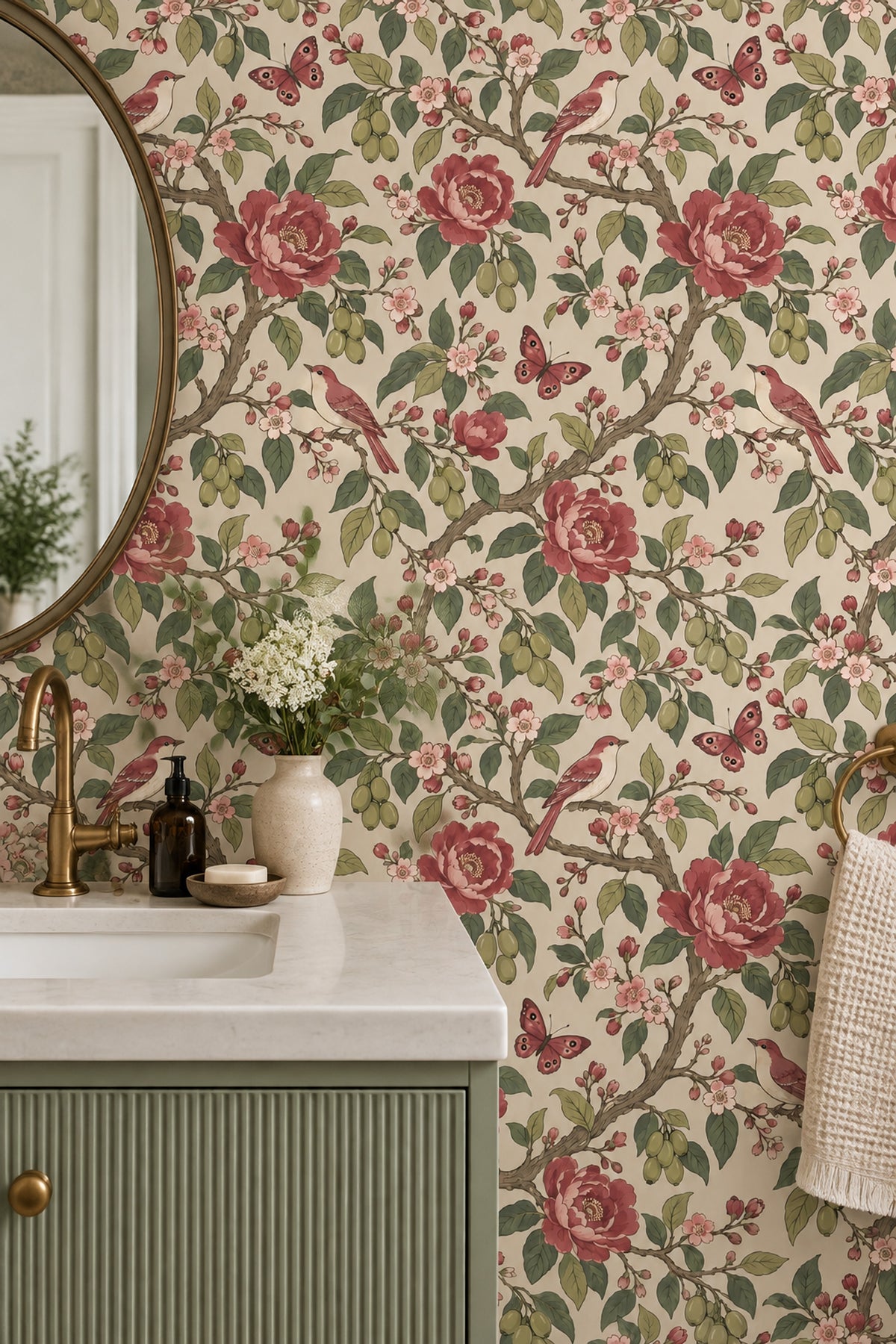 Pink Cherry Blossom Birds Wallpaper Chinoiserie Floral Pattern