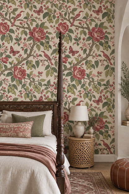 Pink Cherry Blossom Birds Wallpaper Chinoiserie Floral Pattern