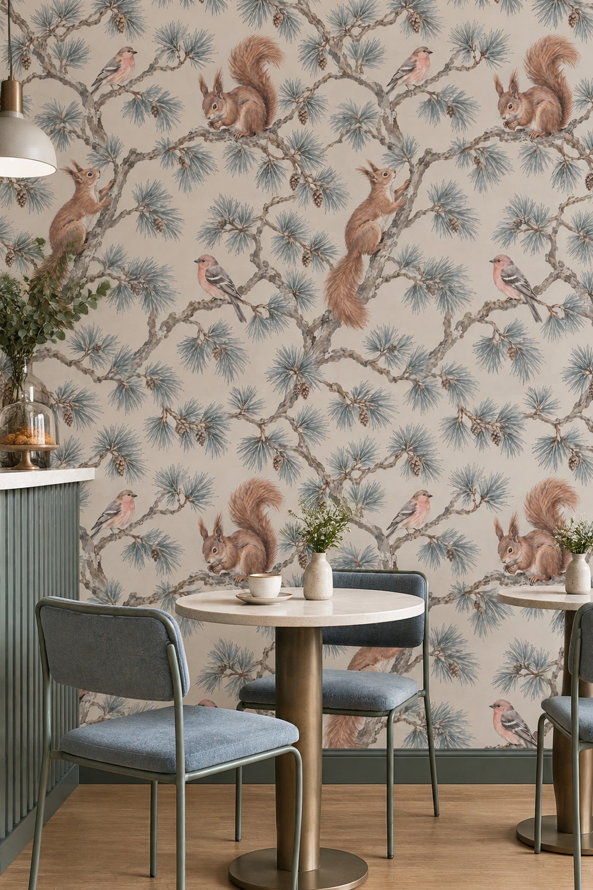 Woodland Wallpaper Pine Branches Squirrels And Birds Pattern