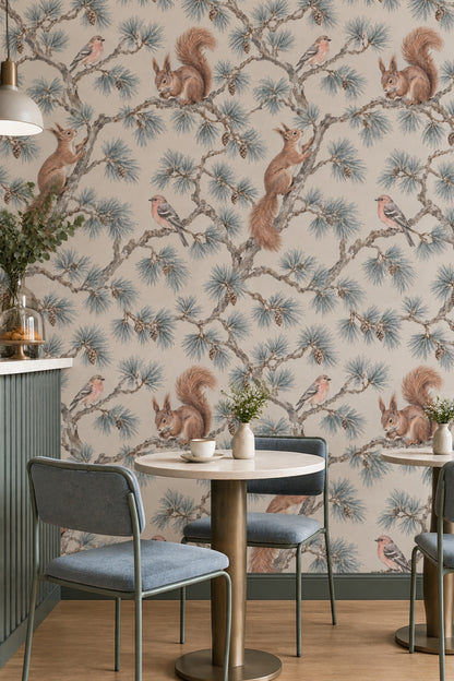 Woodland Wallpaper Pine Branches Squirrels And Birds Pattern
