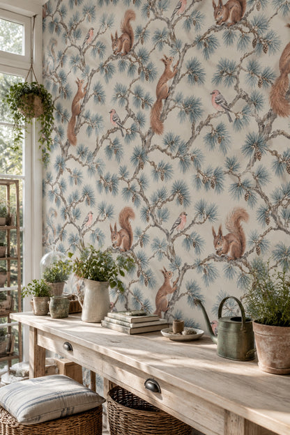Woodland Wallpaper Pine Branches Squirrels And Birds Pattern
