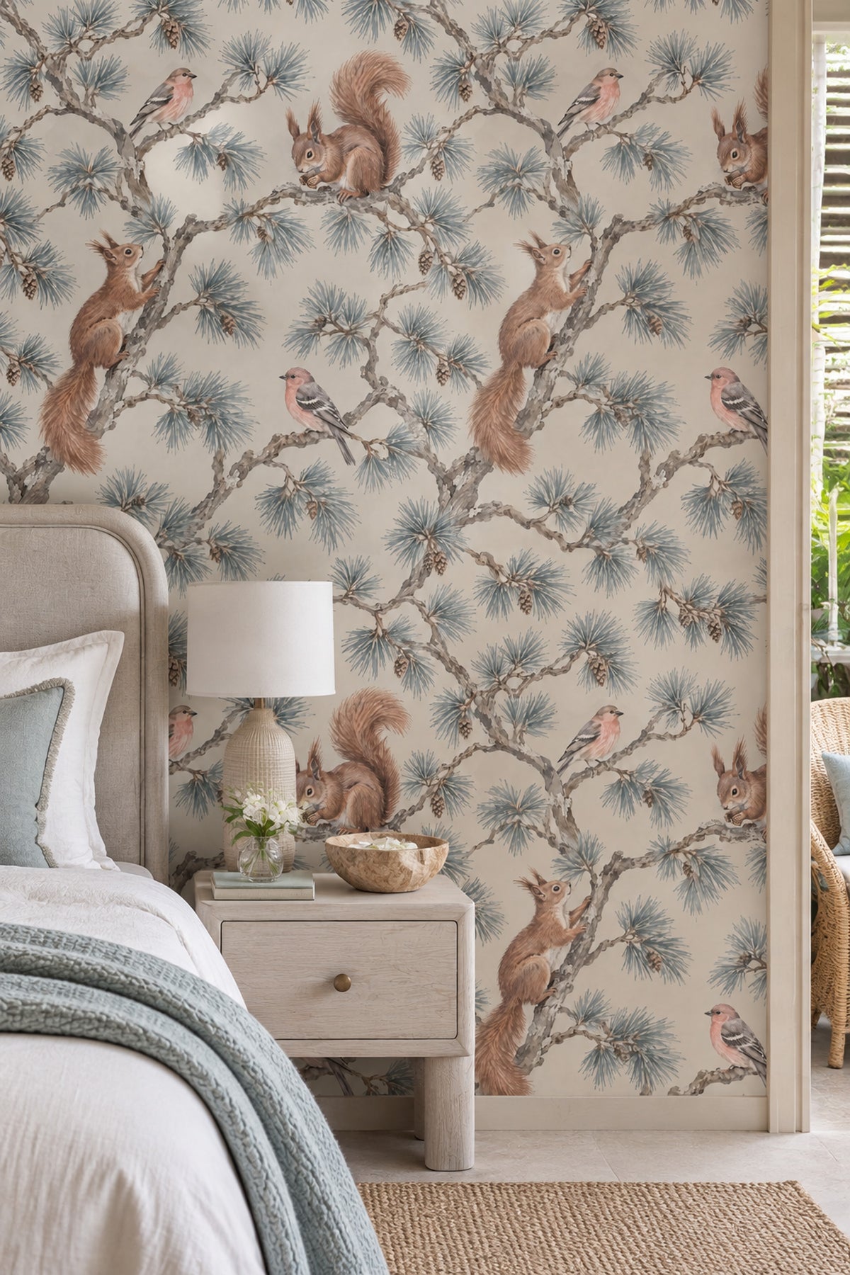 Woodland Wallpaper Pine Branches Squirrels And Birds Pattern