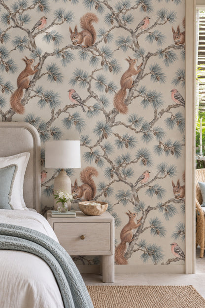 Woodland Wallpaper Pine Branches Squirrels And Birds Pattern