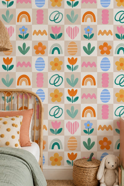 Playful Floral Icons Wallpaper Pastel Rainbow Grid