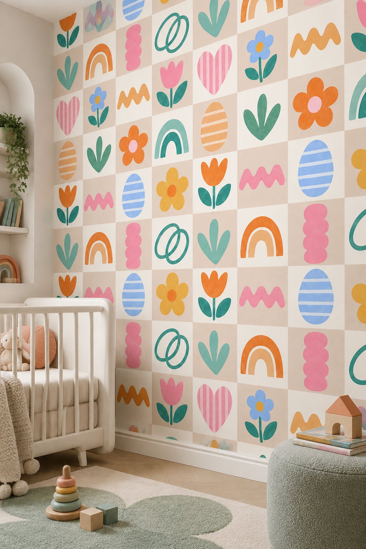 Playful Floral Icons Wallpaper Pastel Rainbow Grid