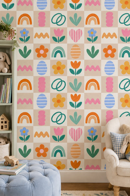 Playful Floral Icons Wallpaper Pastel Rainbow Grid