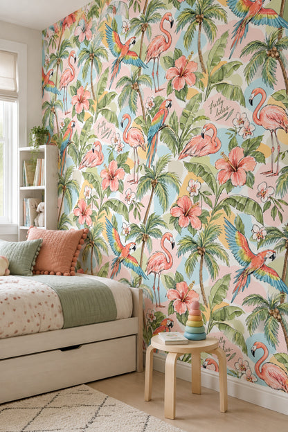 Flamingo And Parrot Wallpaper Tropical Watercolor Pattern