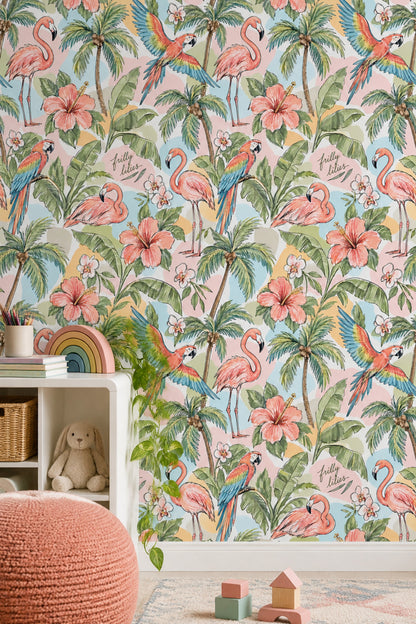 Flamingo And Parrot Wallpaper Tropical Watercolor Pattern