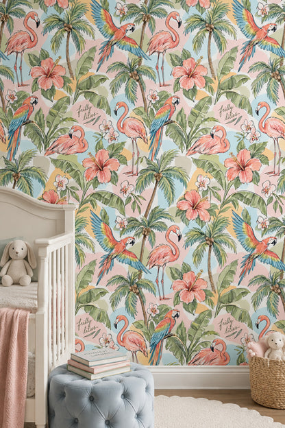 Flamingo And Parrot Wallpaper Tropical Watercolor Pattern