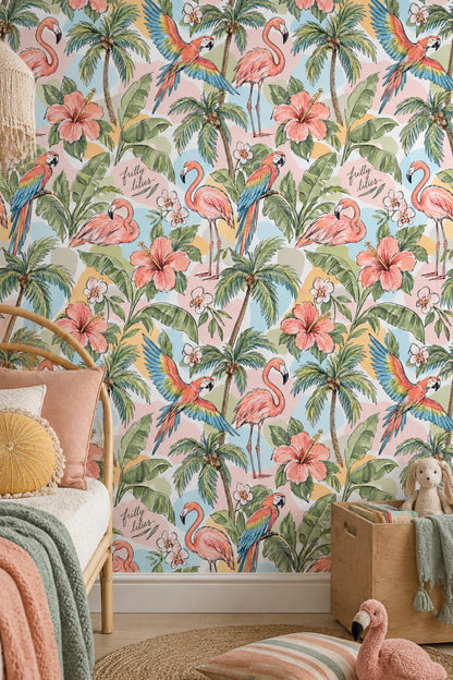 Flamingo And Parrot Wallpaper Tropical Watercolor Pattern