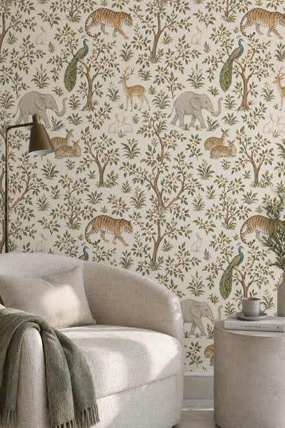 Safari Animals Wallpaper Chinoiserie Floral Branches Ivory Background