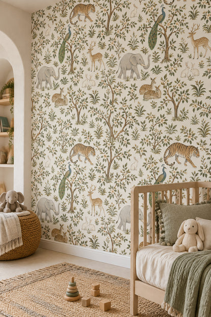 Safari Animals Wallpaper Chinoiserie Floral Branches Ivory Background