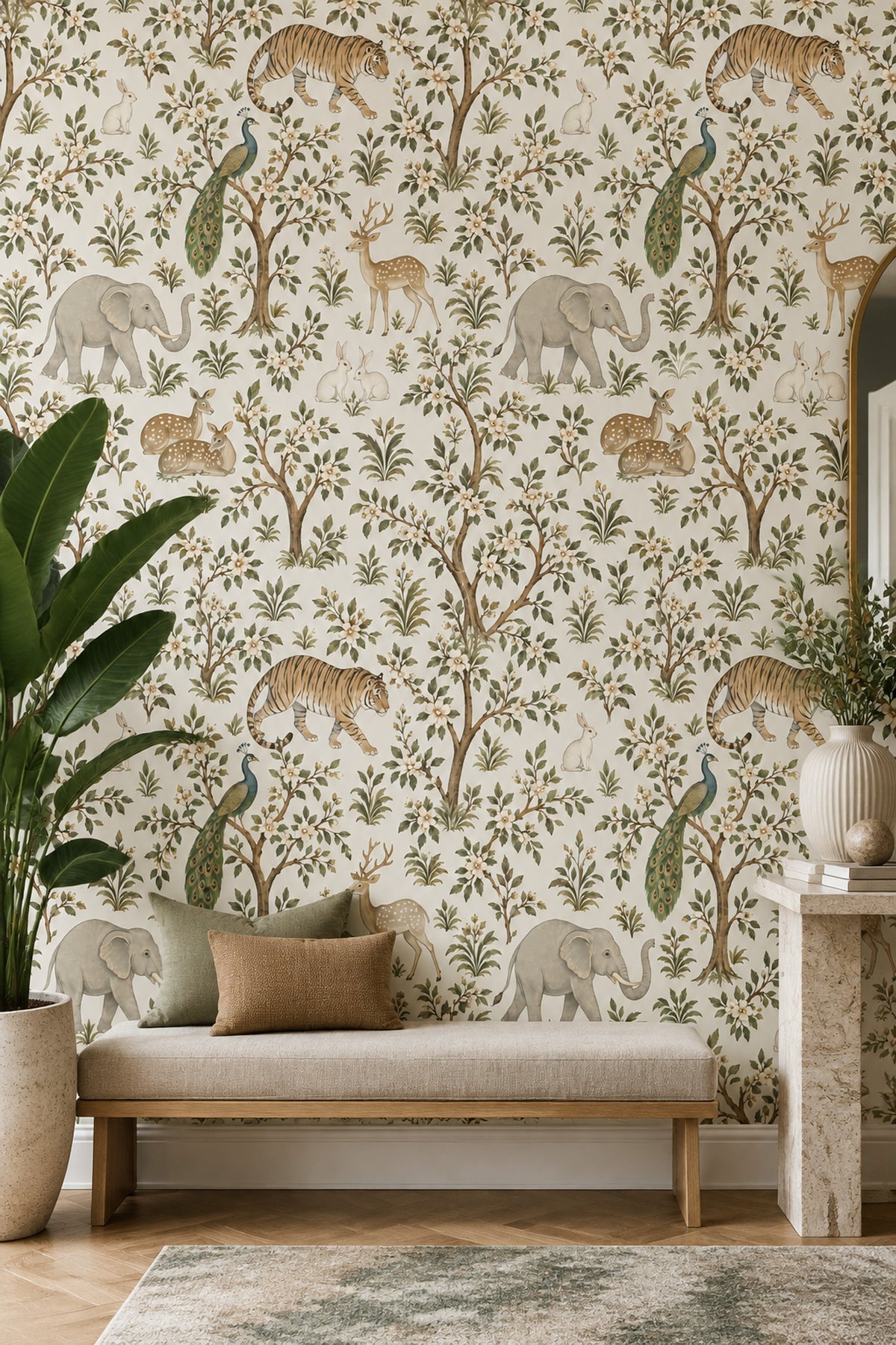 Safari Animals Wallpaper Chinoiserie Floral Branches Ivory Background