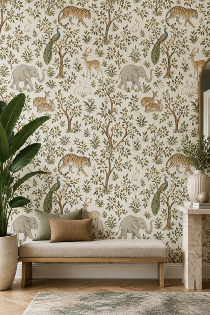 Safari Animals Wallpaper Chinoiserie Floral Branches Ivory Background