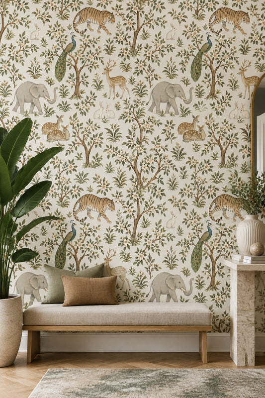 Safari Animals Wallpaper Chinoiserie Floral Branches Ivory Background