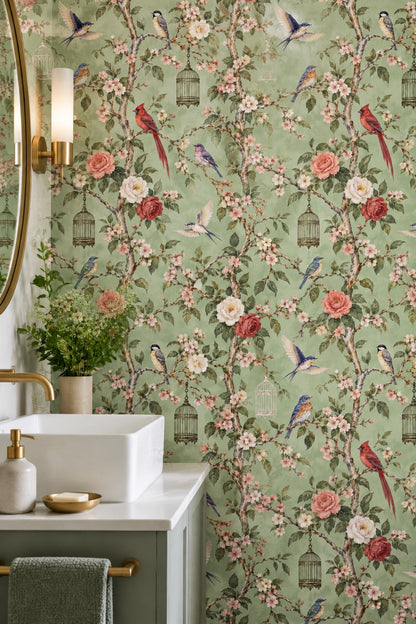 Blossom Birds Wallpaper Sage Green Chinoiserie Pattern