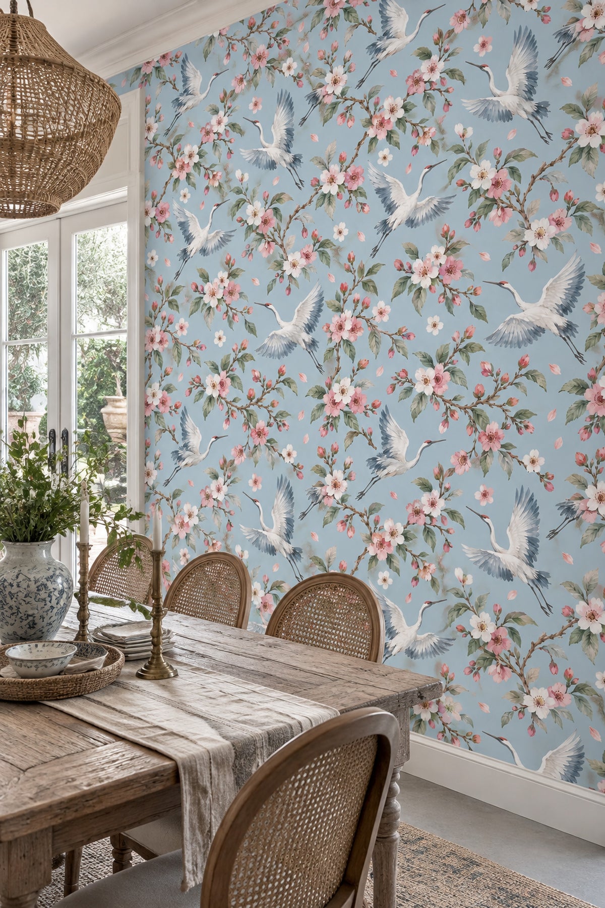 Cranes Wallpaper Cherry Blossom Watercolor Blue Background