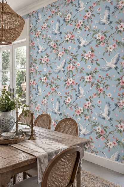 Cranes Wallpaper Cherry Blossom Watercolor Blue Background