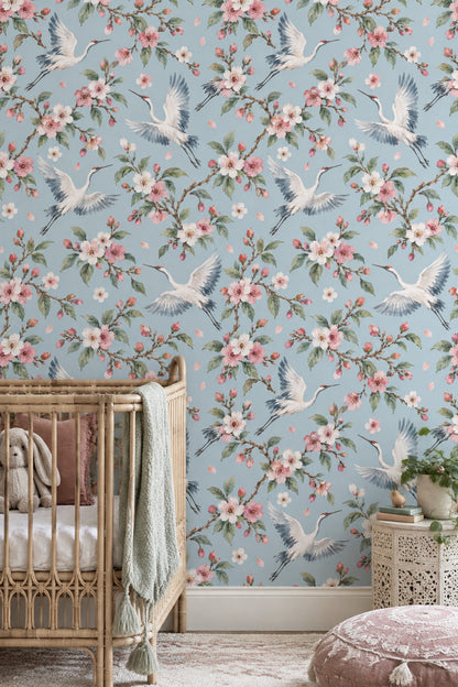 Cranes Wallpaper Cherry Blossom Watercolor Blue Background