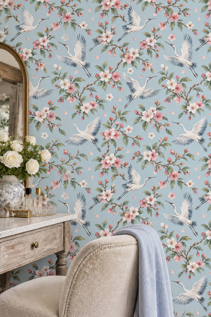 Cranes Wallpaper Cherry Blossom Watercolor Blue Background