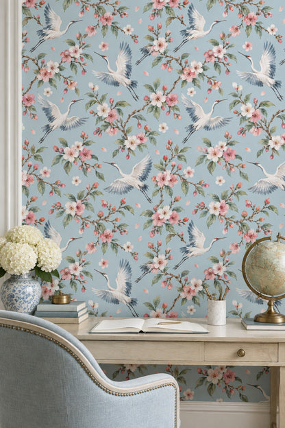 Cranes Wallpaper Cherry Blossom Watercolor Blue Background