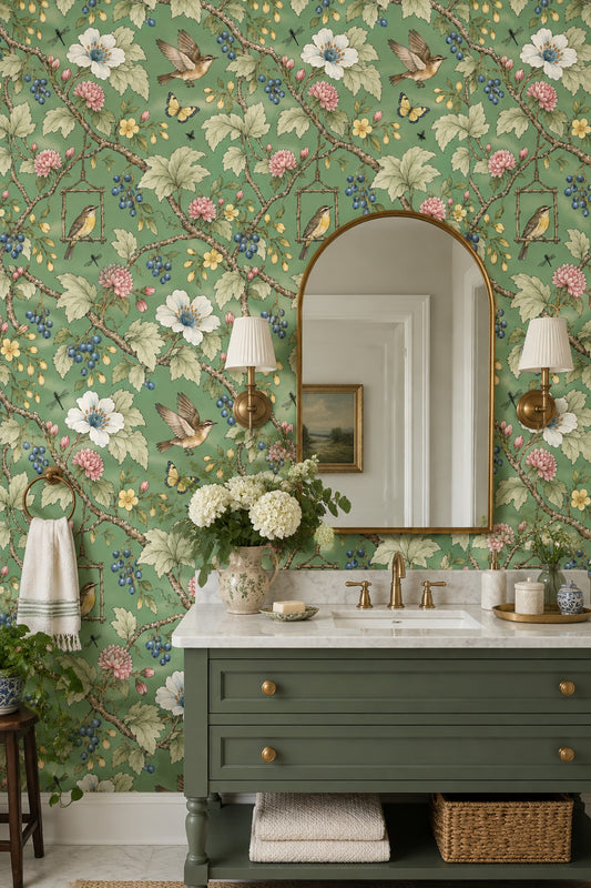Birds And Branches Wallpaper Sage Green Vintage Garden