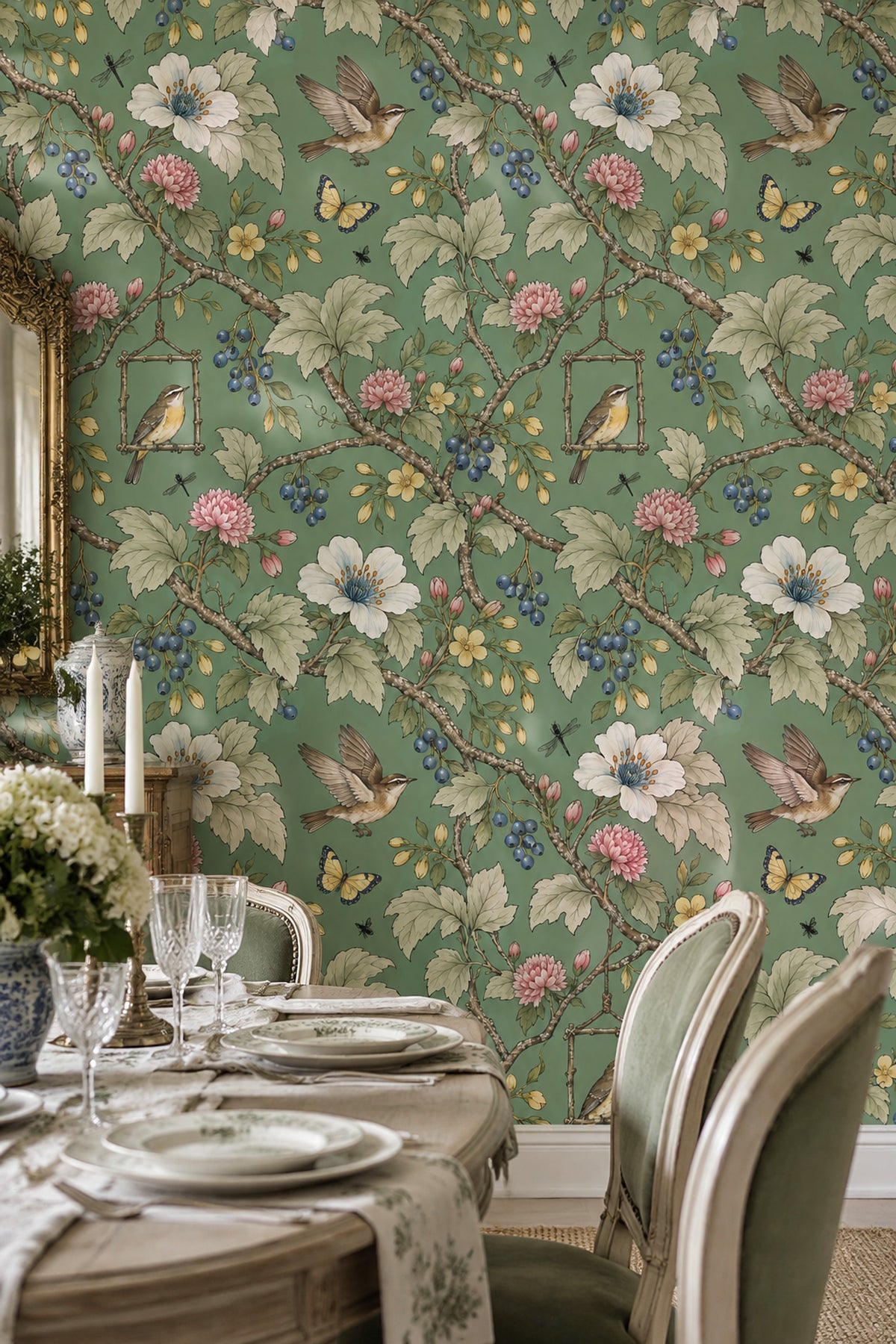 Birds And Branches Wallpaper Sage Green Vintage Garden