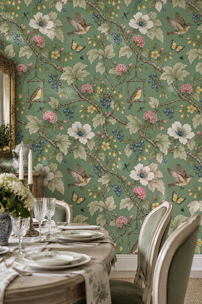 Birds And Branches Wallpaper Sage Green Vintage Garden