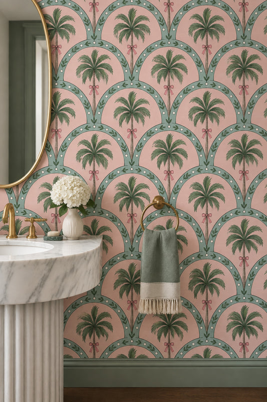 Palm Trees Wallpaper Pink Background Green Trellis