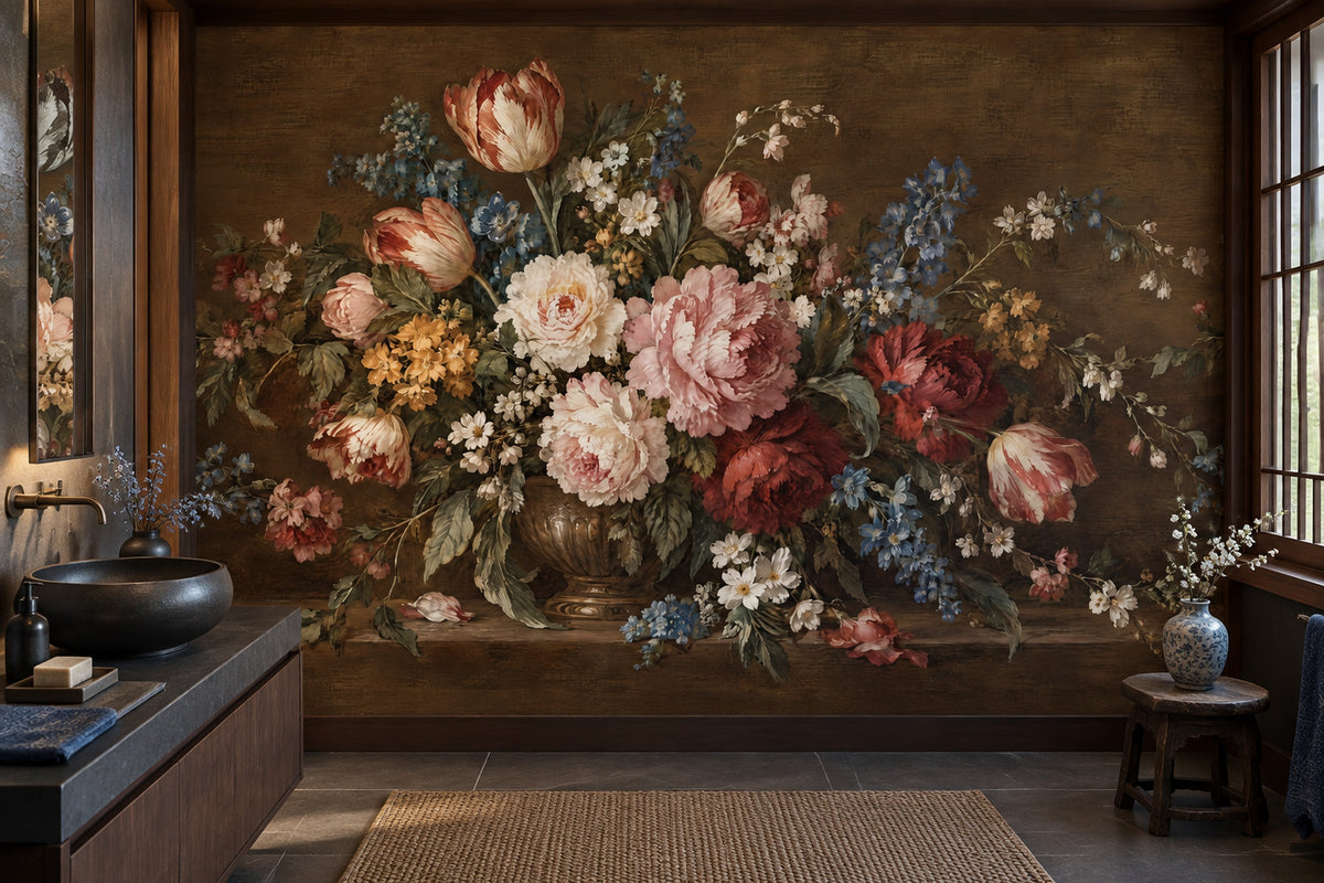 Vintage Vase Floral Wallpaper Dark Wall Mural