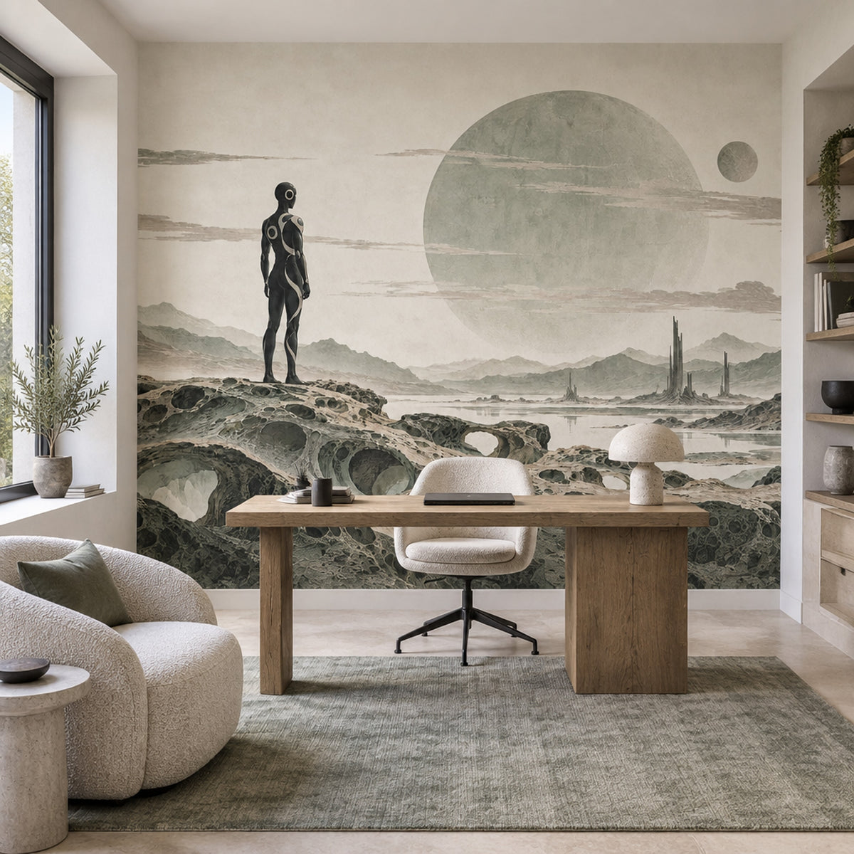 Alien Planet Explorer Wallpaper Beige Sci Fi Landscape Wall Mural