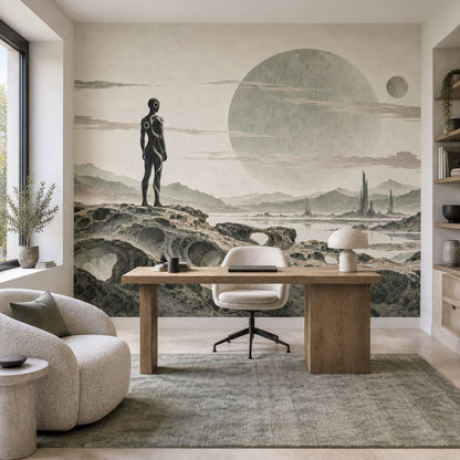Alien Planet Explorer Wallpaper Beige Sci Fi Landscape Wall Mural